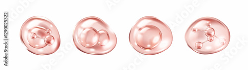 Pink collagen molecules inside transparent bubbles realistic color icons set. Skincare and beauty advertising 3d objects bundle on white
