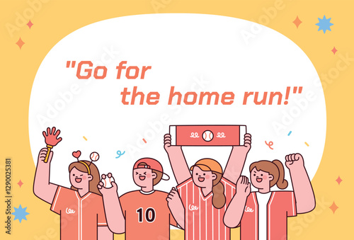 Cheerful baseball fans supporting their team with banners and enthusiasm. Flat vector illustration of people enjoying a sports event.