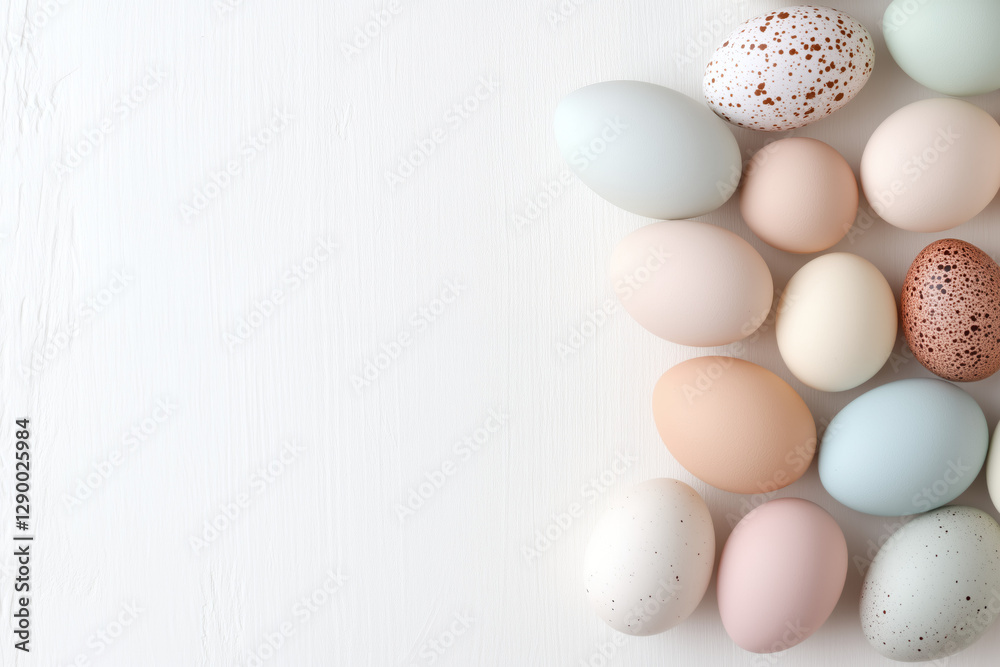 A high-resolution flat lay of pastel-colored Easter eggs arranged neatly on a smooth, neutral background A high-resolution flat lay of pastel-colored Easter eggs arranged neatly on a smooth, neutral background