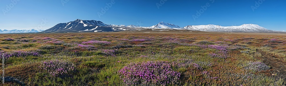 Obraz premium Vibrant wildflowers blanket a mountainous landscape under a clear blue sky.