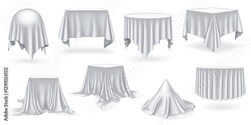 White satin drapes over tables realistic color icons set. Hinting at hidden objects and sense of anticipation 3d design bundle