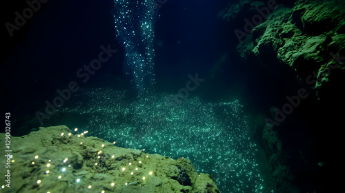bioluminescent particles floating in a dark, abyssal underwater environment 
