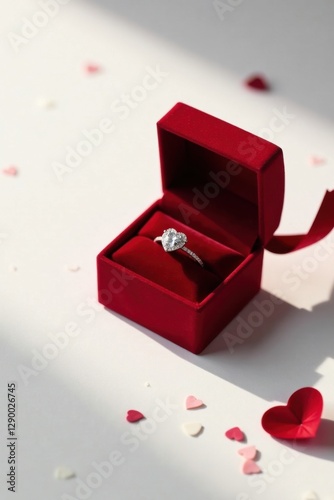 Wallpaper Mural A heart-shaped diamond ring rests inside a crimson velvet jewelry box, surrounded by scattered miniature hearts. Torontodigital.ca