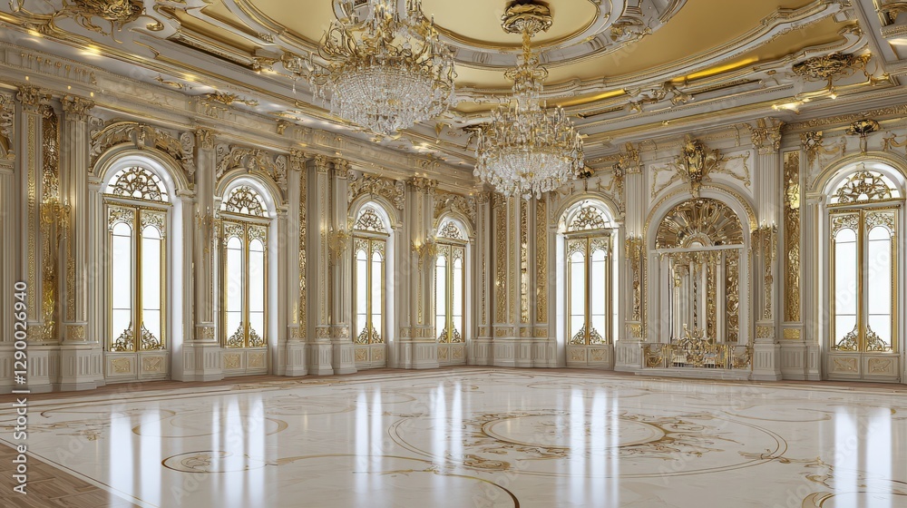 Fototapeta premium Ornate baroque-style white marble flooring with golden reflective swirls, glowing softly under diffused natural light