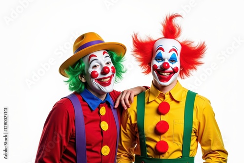 Two Vibrant Male Clowns with Colorful Costumes and Joyful Expressions Posing Together Against a White Background