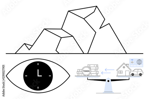 Eye with clock, stylized mountains, tokens, house, car, balanced scales. Ideal for time management, decision-making, financial planning sustainability resource allocation equity abstract line