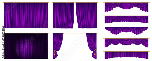 Realistic 3D illustration of deep purple royal theater curtains, adding a dramatic and luxurious touch to stage performances and entertainment venues.