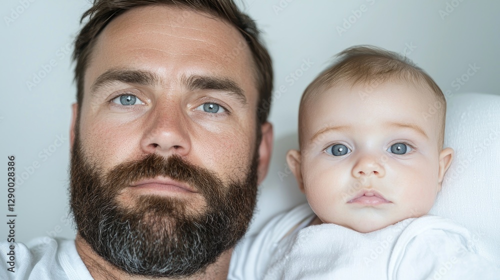 Father and baby son portrait, home, serious expression, family bonding, website banner Father and baby son portrait, home, serious expression, family bonding, website banner