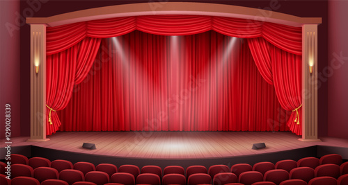 A realistic 3D vector illustration of a classic theater stage with a luxurious red curtain, wooden floor, and warm ambient lighting, emphasizing drama and performance.