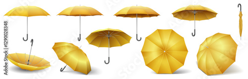 Yellow umbrella-canes in open and closed positions realistic color icons set. Rain protection and fashion 3d objects bundle on white