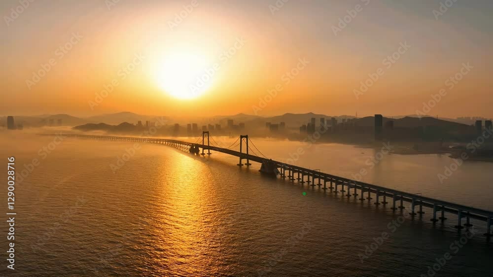 Sunset over the bridge connecting city and coastline creates tranquil atmosphere at dusk Sunset over the bridge connecting city and coastline creates tranquil atmosphere at dusk