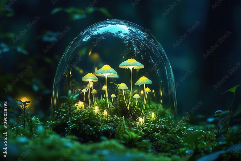 a crystal terrarium filled with tiny bioluminescent mushrooms and moss, glowing ethereally in darkness, with delicate dewdrops catching moonlight