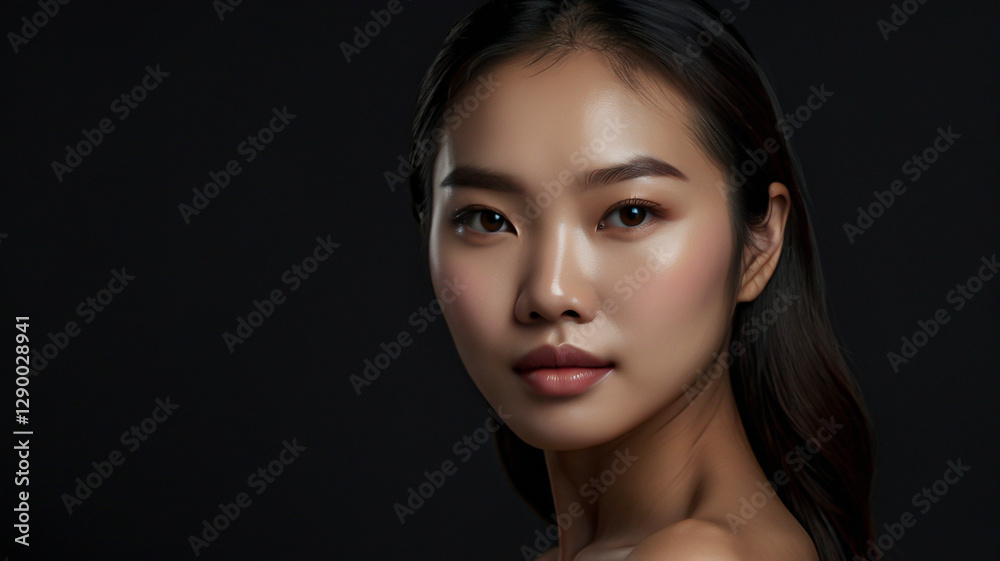 Naklejka premium 黒い背景 アジア人女性のポートレート（スキンケア・エステサロン）