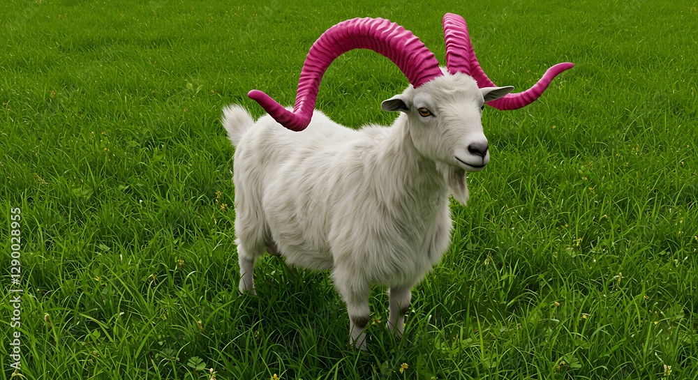 Obraz premium White Goat with Pink Horns Standing in a Green Grassy Field