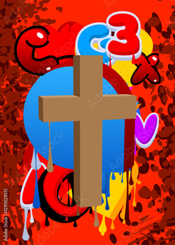 Religion cross, Crucifix graffiti. Abstract modern street art decoration performed in urban painting style.