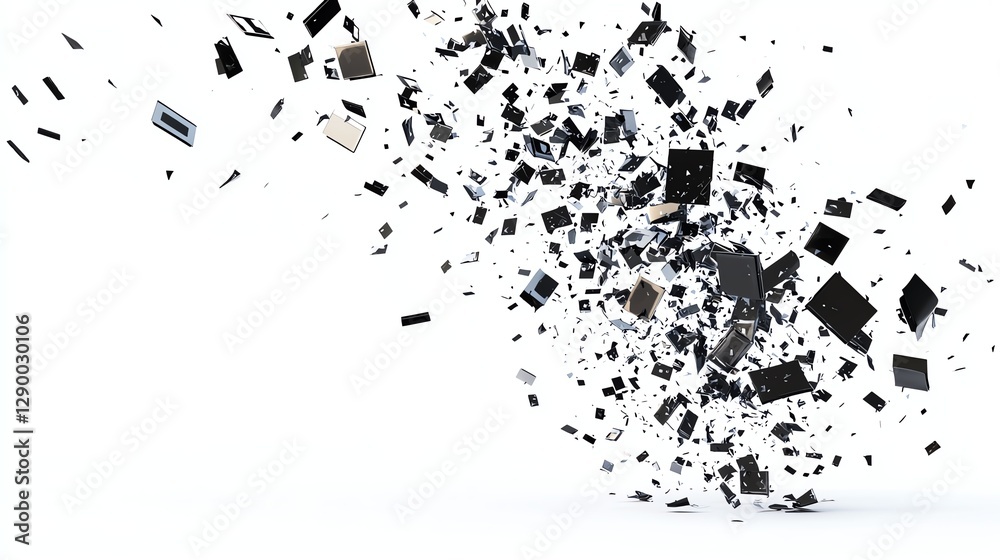 Abstract explosion of shattered pieces on white isolated background. Abstract explosion of shattered pieces on white isolated background.