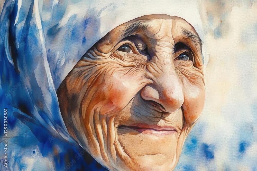 a luminous ethereal watercolor portrait of mother teresa, soft brushstrokes capturing her gentle smile and compassionate gaze, muted blues and whites with delicate golden highlights