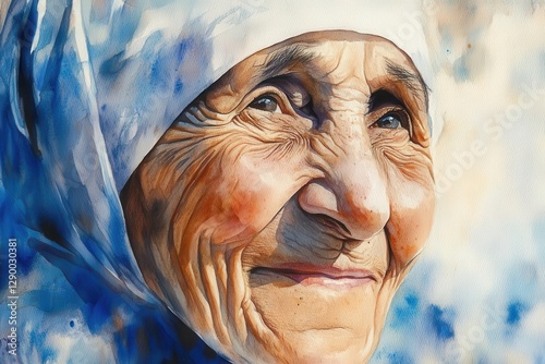 Obraz na płótnie a luminous ethereal watercolor portrait of mother teresa, soft brushstrokes capturing her gentle smile and compassionate gaze, muted blues and whites with delicate golden highlights w salonie