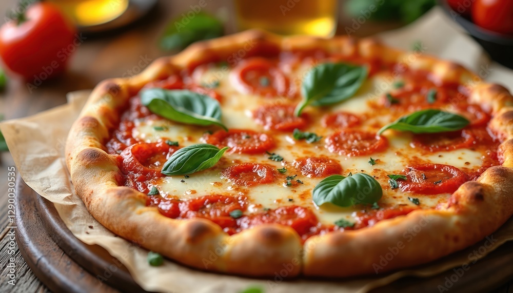 Mouthwatering New York style pizza with tomato sauce, mozzarella, basil, and spices served on tray. Fresh baked crust pie on wooden table. Cookery concept and food delivery. Mouthwatering New York style pizza with tomato sauce, mozzarella, basil, and spices served on tray. Fresh baked crust pie on wooden table. Cookery concept and food delivery.