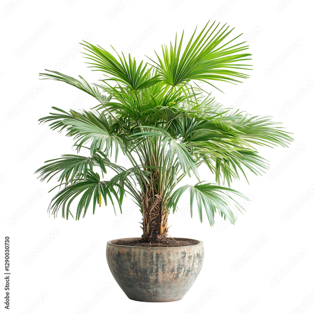 A Large Potted Palm Tree with Large Fronds Isolated on Transparent Background A Large Potted Palm Tree with Large Fronds Isolated on Transparent Background