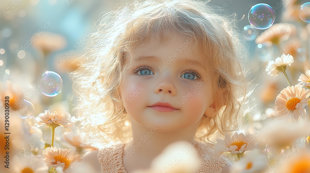cute little kid with soap bubbles in a field of flowers cute little kid with soap bubbles in a field of flowers