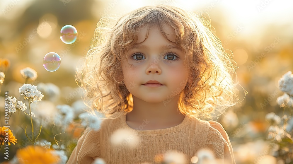 cute little kid with soap bubbles in a field of flowers cute little kid with soap bubbles in a field of flowers