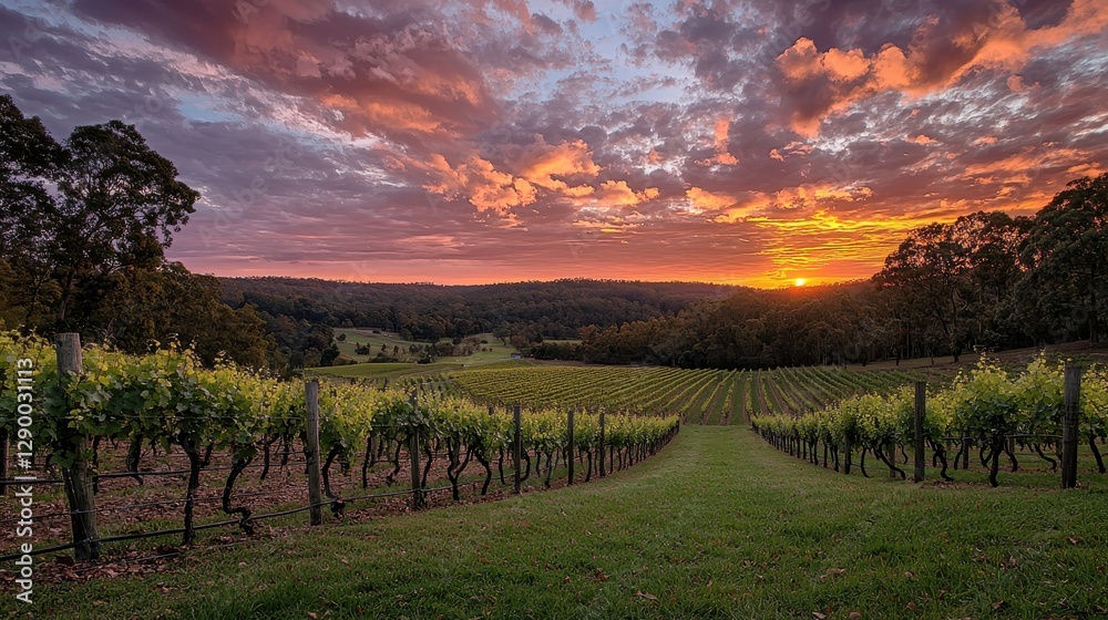 Fototapeta premium Vibrant Sunset Over Rolling Vineyards