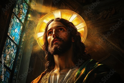 a majestic portrait of christ with golden halo, ethereal light streaming through stained glass windows, rich renaissance style oil painting, deep shadows, spiritual atmosphere photo