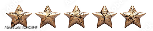 Five gold stars are lined up in a row, isolated
