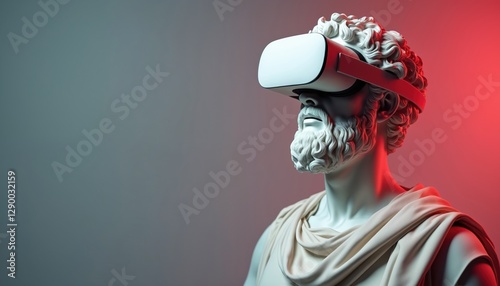 Marble statue in VR headset. Classical art meets modern technology, explore history, philosophy in digital dimension, visualize future. Creative blend tradition, innovation. Virtual reality art