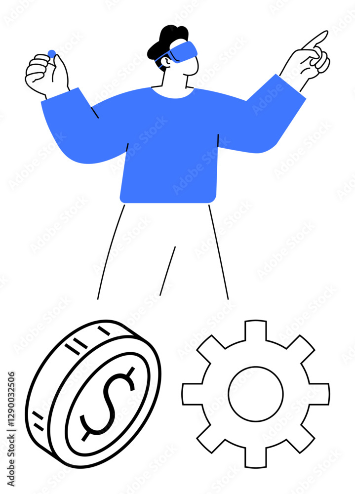 Person in blue using VR headset gestures to futuristic elements. Coin and gear emphasize finance, technology, and innovation. Ideal for ARVR, tech trends, economy, business tools, virtual future
