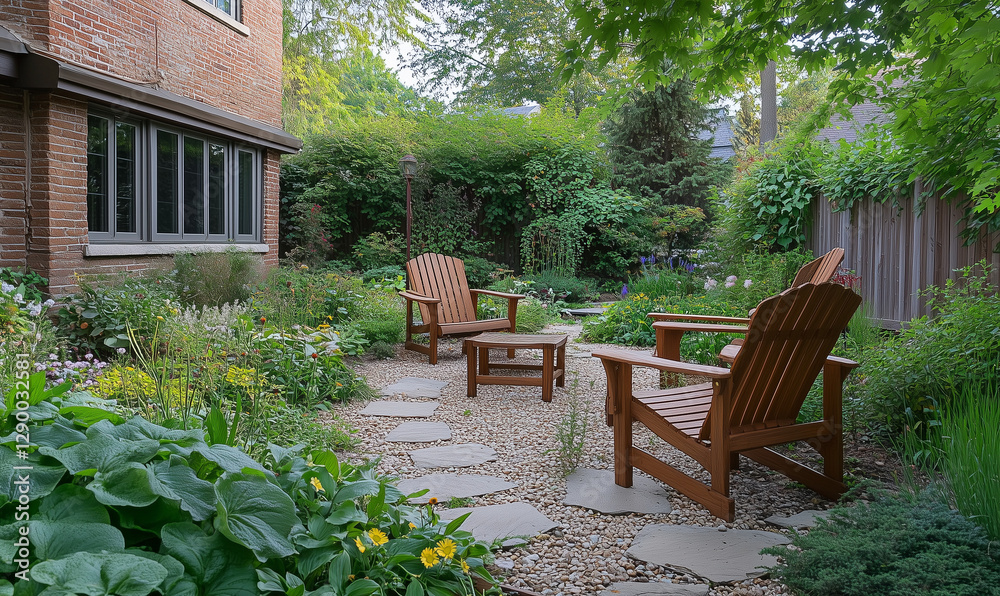 Obraz premium Delightful charming garden patio featuring elegant wooden furniture and serene, sunlit outdoor retreat vibes perfectly