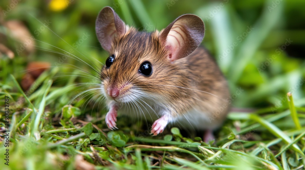 Cute Small Mouse on Green Grass in Natural Outdoor Habitat Cute Small Mouse on Green Grass in Natural Outdoor Habitat