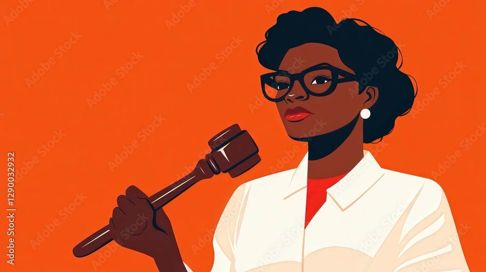 Confident Woman Holding Gavel Against Bold Orange Background Confident Woman Holding Gavel Against Bold Orange Background