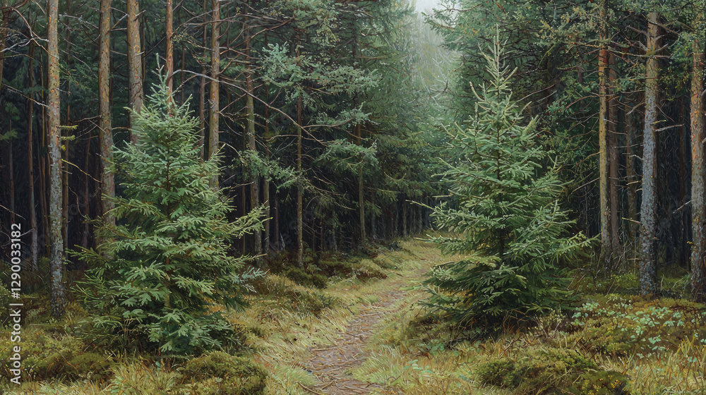 Fototapeta premium A dense pine forest with young, green spruce trees and thick foliage in the foreground, generative AI