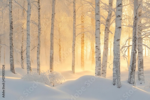 a serene winter forest at dawn, snow-laden branches glowing in soft golden light, mist hovering between white birch trees, pristine snowdrifts creating gentle curves beneath