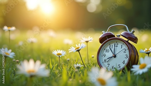 Alarm clock stands in field with daisies, illuminated by sun. Time change concept for spring or summer. Spring forward, daylight savings time reminder, schedule concept, positive mood and joy. photo