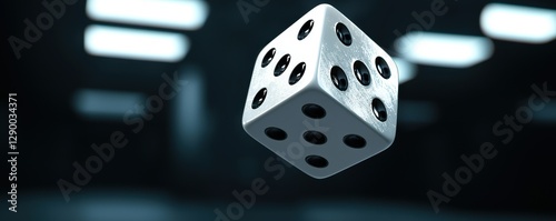 dark psychology power control concept. A floating white die with black dots against a blurred dark background, creating a dramatic visual effect. photo