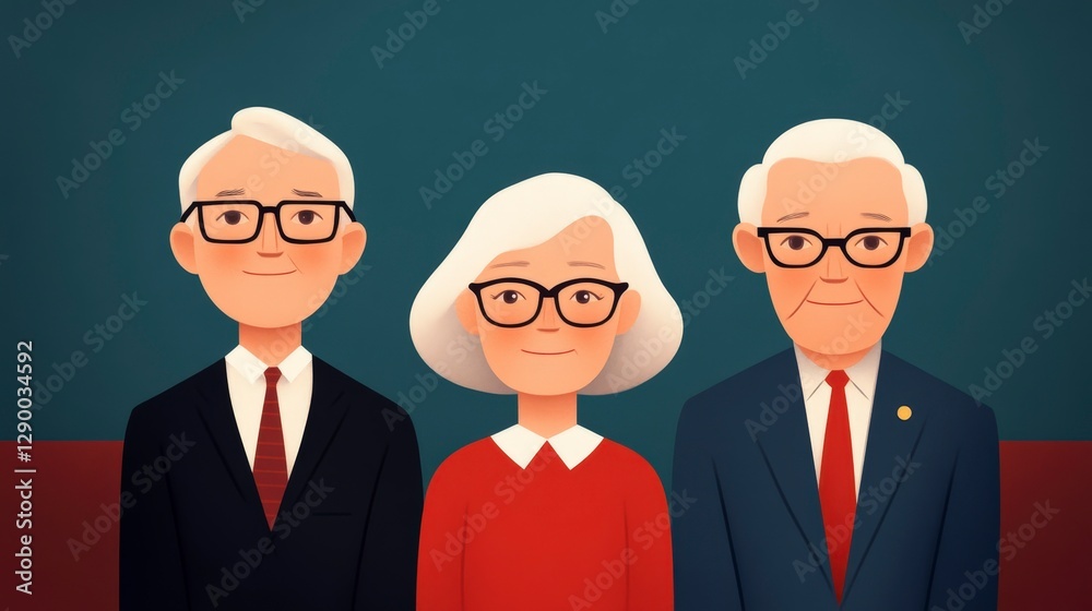 Friendly Group of Three Older Adults in Smart Casual Attire with Glasses Friendly Group of Three Older Adults in Smart Casual Attire with Glasses