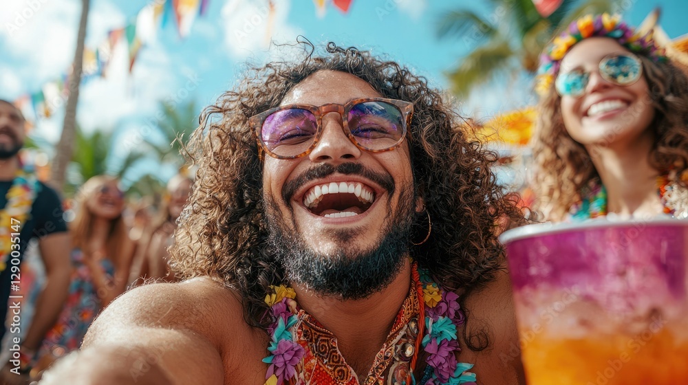 Happy man selfie at summer festival Happy man selfie at summer festival