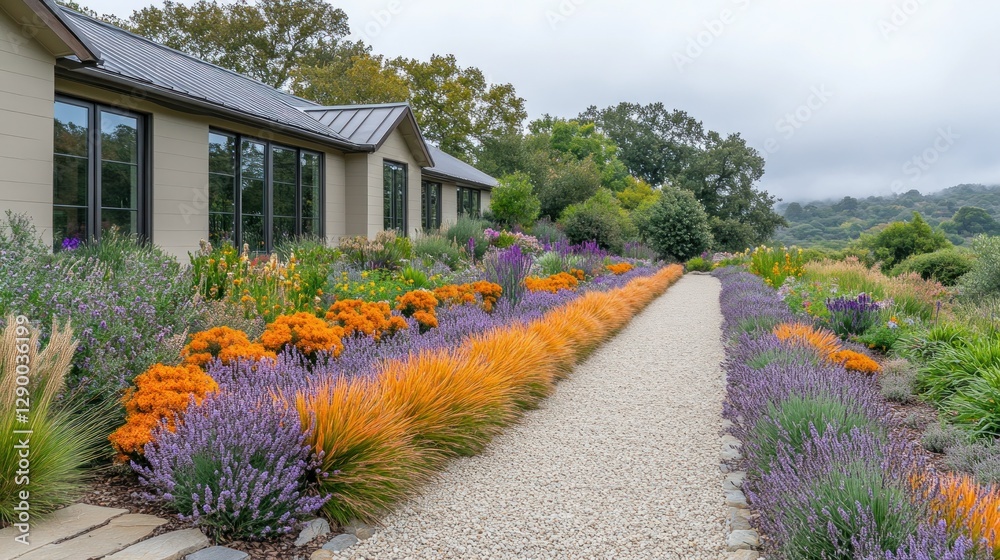 Obraz premium Modern home with colorful garden pathway