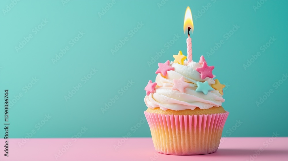 Single Birthday Cupcake with Pink Frosting and Stars on Teal Background Single Birthday Cupcake with Pink Frosting and Stars on Teal Background