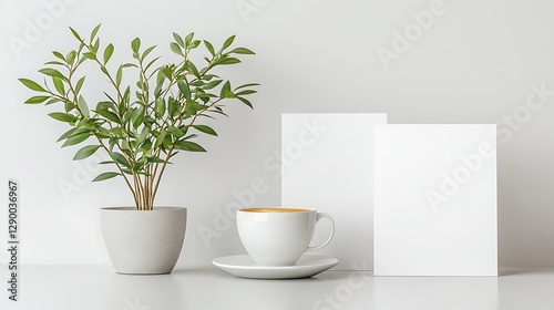Wallpaper Mural Serene coffee moment with potted plant and blank cards minimalist home office calm vibe Torontodigital.ca