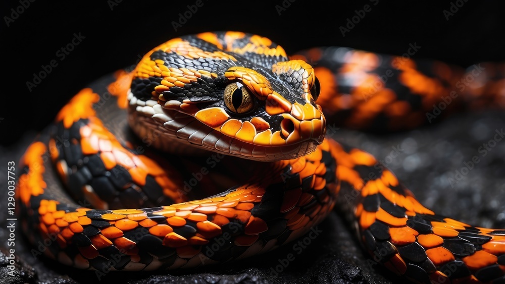 Fototapeta premium Close-up image of a snake with a dark, textured body featuring glowing orange patterns resembling lava.