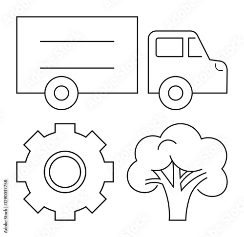 Truck, gear, and tree in clean line design represent logistics, technology, and nature. Ideal for themes thumbs up transportation, mechanics, environment, sustainability eco-friendly practices