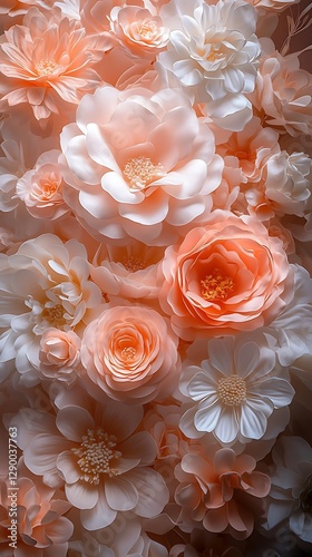 Peach paper flowers, wall decor, close-up