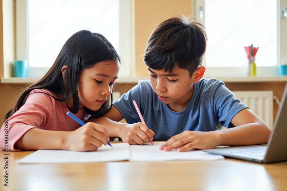 Two Asian Children Engaged in Collaborative Learning at Home: Sibling Pair Focused on Homework in a Bright, Comfortable Room, Illustrating Teamwork and Education Two Asian Children Engaged in Collaborative Learning at Home: Sibling Pair Focused on Homework in a Bright, Comfortable Room, Illustrating Teamwork and Education
