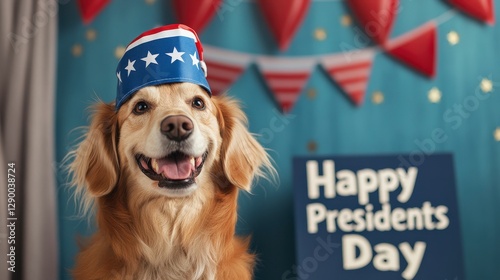 Happy Presidents Day Celebration with a Smiling Golden Retriever Wearing a Hat