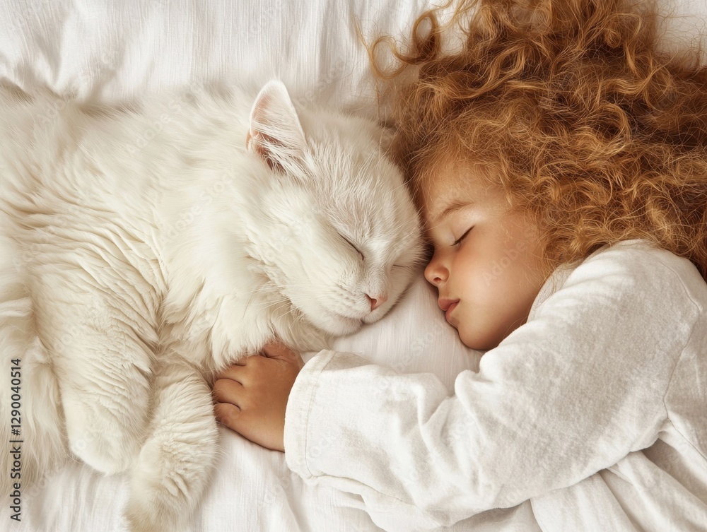 Sleeping child and cat cozy bedroom intimate close-up comfort and companionship Sleeping child and cat cozy bedroom intimate close-up comfort and companionship