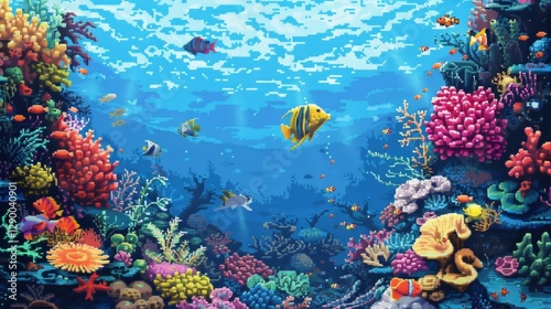 Picture a pixel art underwater world, teeming with colorful fish, coral reefs, and mysterious sea creatures.